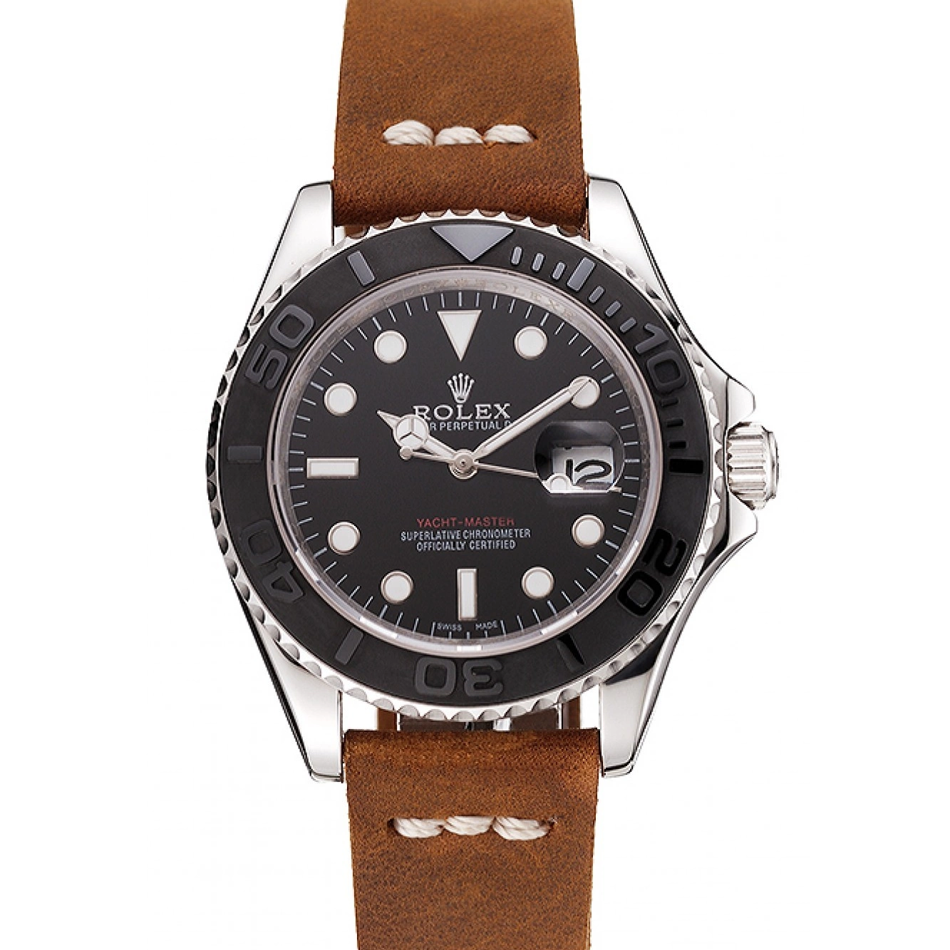 Rolex aaa copy Rolex Bracelet Silver Case 1453859 Yacht Master Brown Black Dial Leather 0616